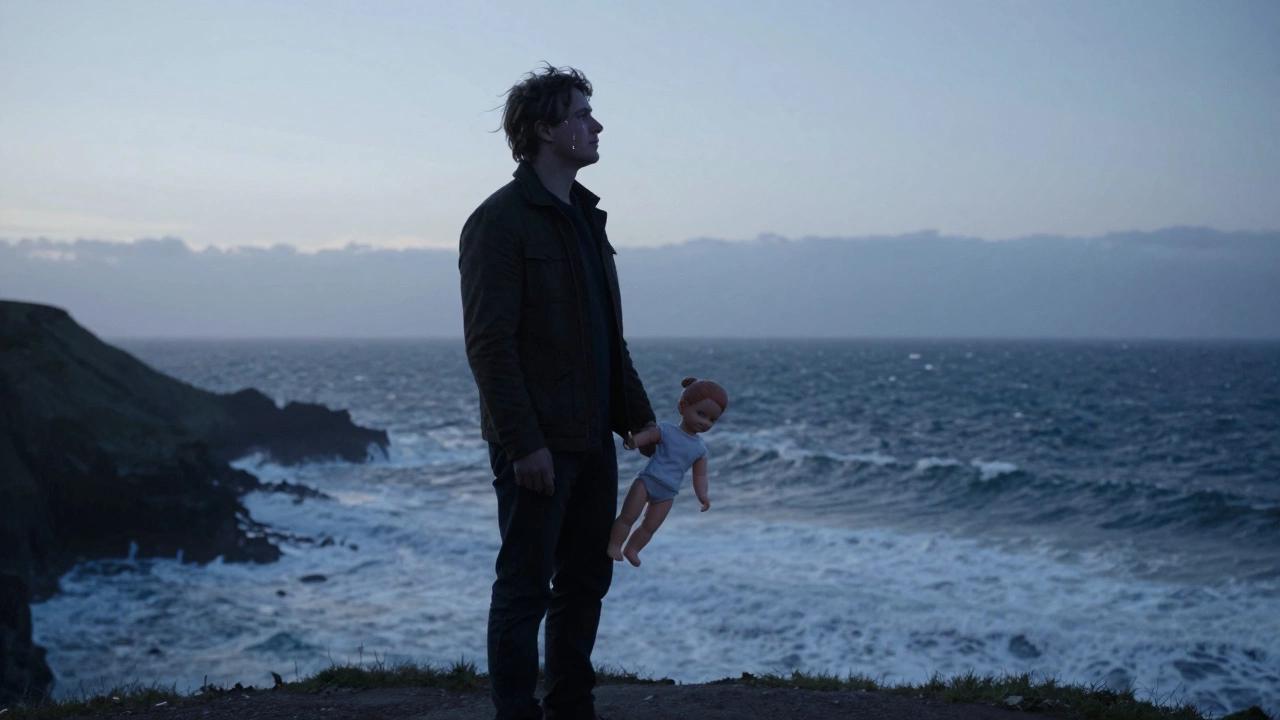 A man holds a sex doll’s hand on a cliff at dusk, facing the crashing waves.