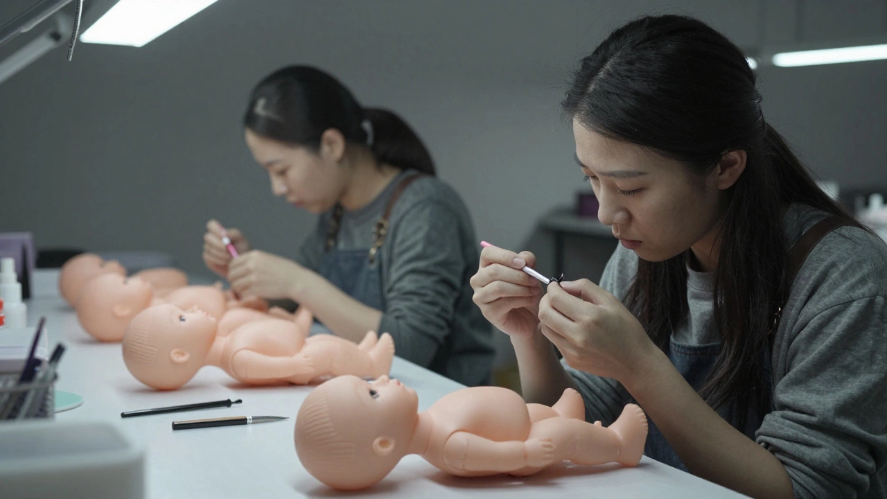 Two women carefully paint details on sex dolls in a quiet workshop.